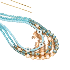 Handmade evil eye layered necklace with blue crystal beads and white pearls on bamboo