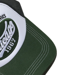 Close-up of retro trucker hat with Chicago embroidery and breathable mesh texture