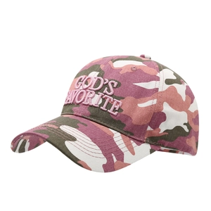 Pink camouflage baseball cap with 3D God's Favorite embroidery and curved brim style