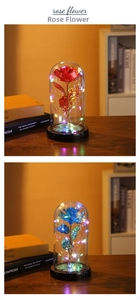 Detail of red and blue gold foil roses in glass dome with warm LED fairy lights