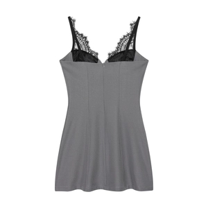 Slim fit grey mini dress with black eyelash lace trim and delicate spaghetti straps