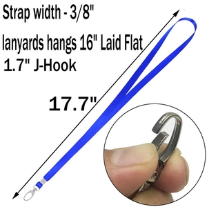Lanyard size guide showing 3/8 inch width and 17.7 inch length with metal J-hook