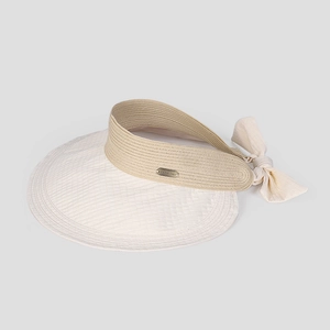Detailed close-up of sun hat with quilted wide brim and elegant rear bow decoration