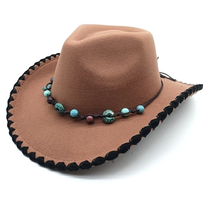 Brown felt cowboy hat with ethnic beaded band and black stitched trim for men and women