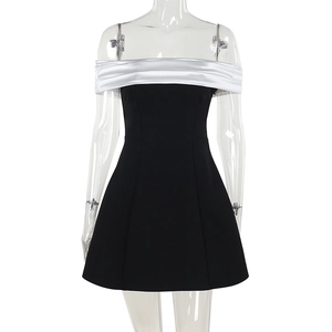 Detail of elegant off-shoulder contrast dress with white satin neckline and slim black body