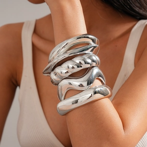 Irregular Geometric Bangle High Polish Metal Liquid Lava Design Minimalist Wrist Cuff Jewelry For Women