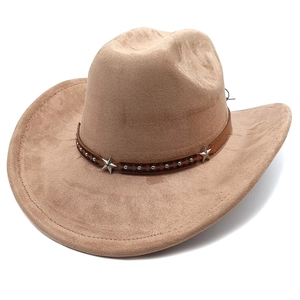 Western Cowboy Hat Retro Suede Fedora With Leather Band Metal Star Rivets Wide Brim Vintage Ethnic Style For Adults
