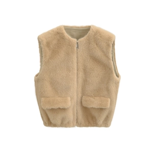 Chic beige faux fur vest with a metal zipper and decorative pockets for women
