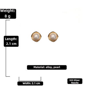 Detail view of square pearl earrings with 925 silver pins showing 2.1cm size and 8g weight