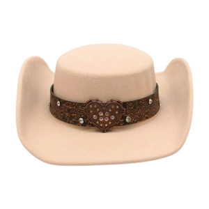Chapeau jazz en feutre beige avec bande en cuir gaufré et boucle coeur en strass