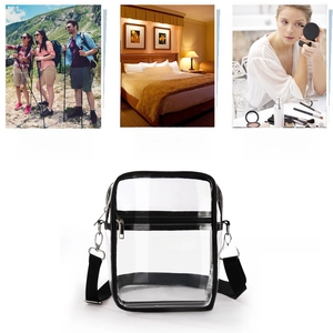 Detail view of transparent PVC crossbody bag showing dual zip pockets and adjustable strap