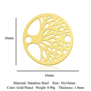 Detailed view of a 16mm gold plated tree of life charm in stainless steel