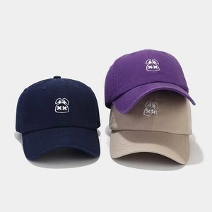 Three cotton baseball caps with rabbit embroidery in navy blue, purple, and khaki