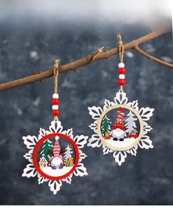 Close-up of laser-cut wooden snowflake ornaments with festive gnomes and beads