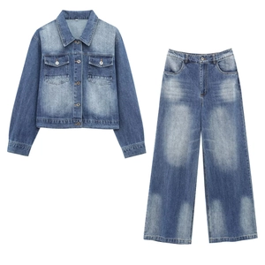 Vintage washed blue denim set with short jacket and high waist wide leg jeans