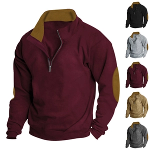 Men Quarter Zip Sweatshirt Stand Collar Long Sleeve Color Block Contrast Elbow Patches Polyester Elastane Pullover