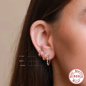 Three gold S925 sterling silver hoop earrings with marquise diamonds in 6mm, 8mm, 10mm sizes