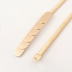 Detail of golden elastic spring waist belt showing the heart metal buckle and metallic texture