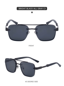 Front and 45-degree angle view of bright black square sunglasses with gray lenses