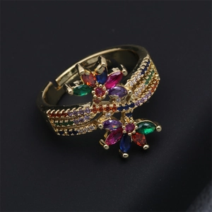 Micro-set flower zircon open adjustable copper ring with colorful gemstones in gold finish
