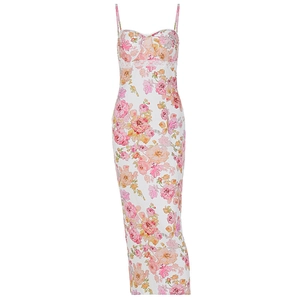 Robe maxi moulante à imprimé floral avec bordure en dentelle et style français chic
