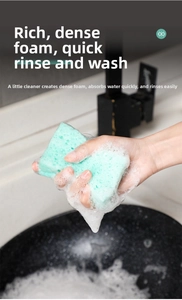 Close-up of green high-density sponge creating rich white foam in kitchen sink cleaning