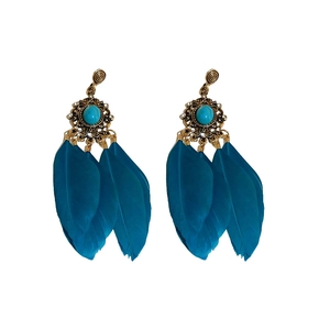 Boucles d'oreilles bohèmes plumes longues avec turquoise et finition or antique