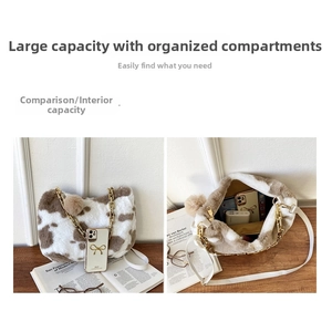 Detailed view of spacious interior in cow print plush tote bag with gold chain