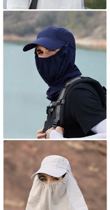 Detail of outdoor sun protection hat with breathable mesh face mask and neck flap