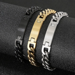 Bracelet gourmette hip hop en or, noir et acier avec plaque métallique courbée pour homme
