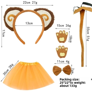 Size specifications for monkey costume accessories including headband, tail and skirt details