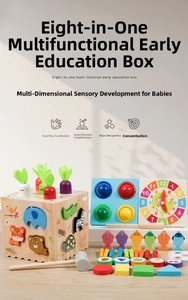 Macro detail of wooden Montessori toy box with clock, magnetic fishing, and animal puzzles