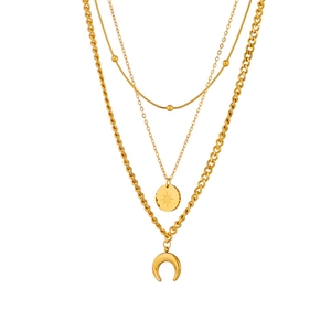 Collier multicouche en titane doré avec pendentifs étoile, croissant de lune et perle