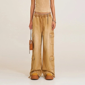 Women Retro Cotton Denim Cargo Pants Multi Pockets Loose Drawstring Wide Leg Streetwear Vintage Trousers