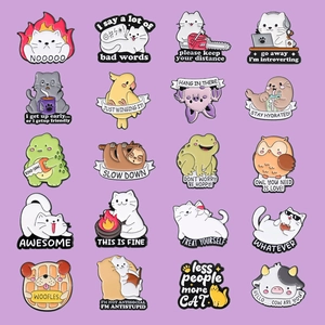 20pcs set of cartoon animal enamel pins featuring cats and frogs with funny quotes