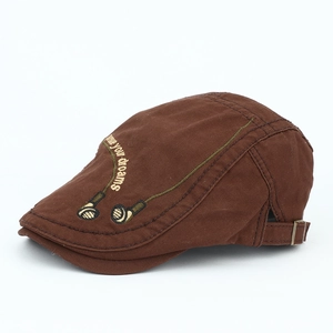 Brown cotton newsboy cap with 'Chase your dreams' embroidery and adjustable metal buckle