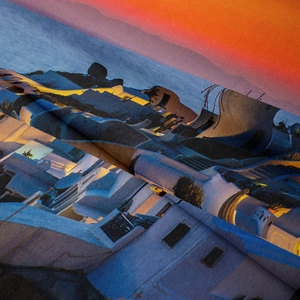 Detailed view of Santorini sunset print on high-density microfiber decorative fabric