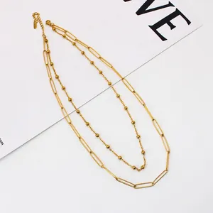 Double-layered 18K gold plated stainless steel necklace with paperclip and bead chains