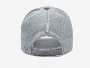 Detail of gray mesh baseball cap with adjustable hook and loop back strap for breathability