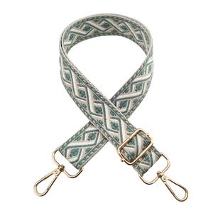 Close-up of green and white ethnic jacquard strap with golden swivel hook