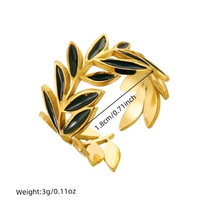 Adjustable golden stainless steel leaf ring with black enamel details and size specs