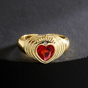 Vintage 18K gold plated ring with red heart zircon and crown design on stone