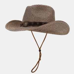Detailed close-up of brown woven cowboy hat with a star badge and adjustable wind cord
