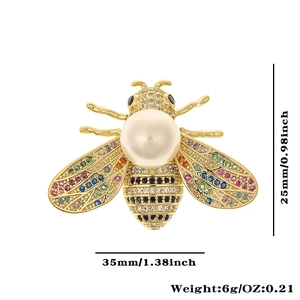 Detailed size chart of gold bee brooch with pearls and colorful zircons 35mm x 25mm