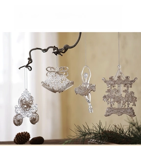 Set of 4 glittery acrylic Christmas ornaments featuring pumpkin carriage and ballet dancer