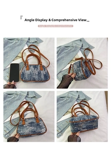 Detail view of denim sequin handbag with brown leather straps from multiple angles