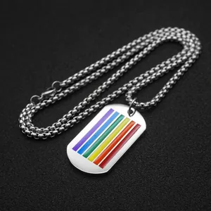 Rainbow striped square pendant necklace in stainless steel with bead chain on black background