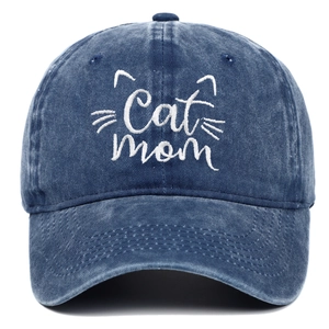 Vintage washed navy blue baseball cap featuring white Cat Mom embroidery and cat ears design