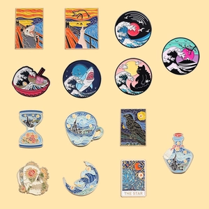 Collection of creative oil painting enamel pins featuring Van Gogh and art motifs