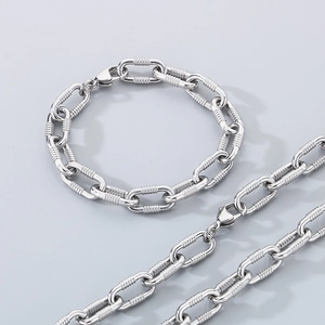 Hypoallergenic stainless steel necklace and bracelet set with textured oval links for men
